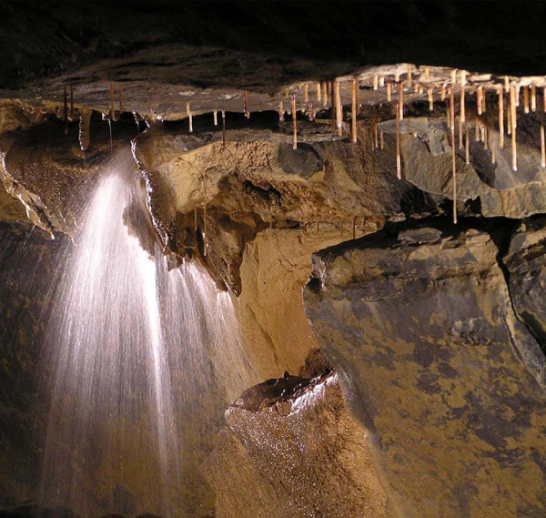 Water cascades down a rocky cave wall, with thin, brown stalactites hanging above. The dim lighting highlights the textures—an enchanting scene often explored on Ancient East tours Ireland adventurers cherish.