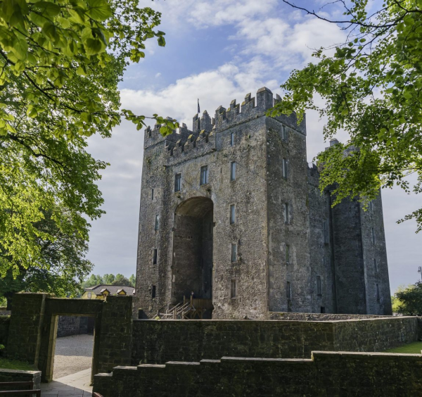 A large, stone medieval castle with crenellated towers stands under a partly cloudy sky, surrounded by green trees and a stone wall, its open gate welcoming you to discover Ancient East tours Ireland.