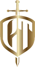 A gold shield with the letters “CT” in white stylised font, overlaid by a gold sword pointing downward through the top and bottom of the shield.