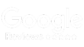 The image shows the Google logo with the word "Reviews" underneath, followed by five stars, indicating a five-star rating. The text and stars are white on a light background.