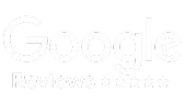 The image shows the Google logo with the word "Reviews" underneath, followed by five stars, indicating a five-star rating. The text and stars are white on a light background.