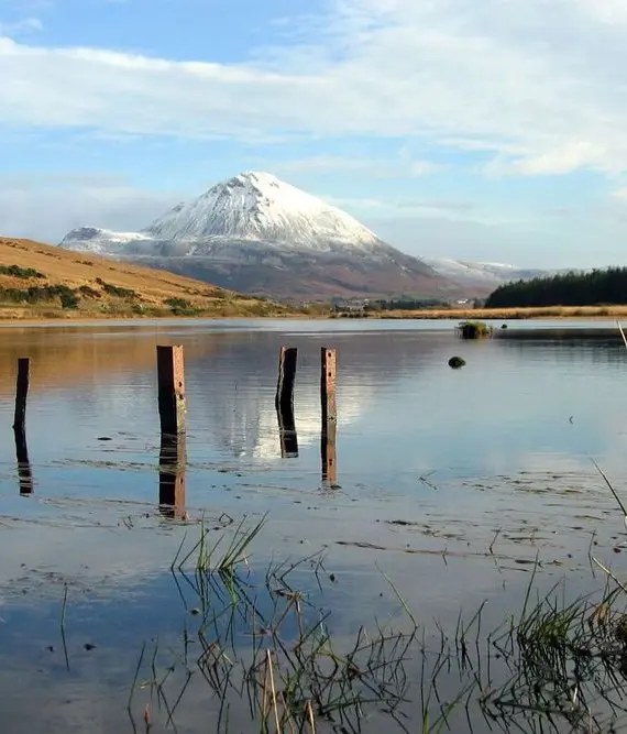 A calm lake with old wooden posts in the water, grassy banks, and a snow-capped mountain in the background under a partly cloudy sky.