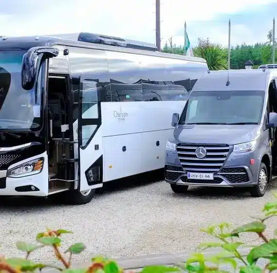 A large white and black Higer coach is parked next to a smaller grey Mercedes-Benz minibus on a gravel area, with greenery and trees in the background.