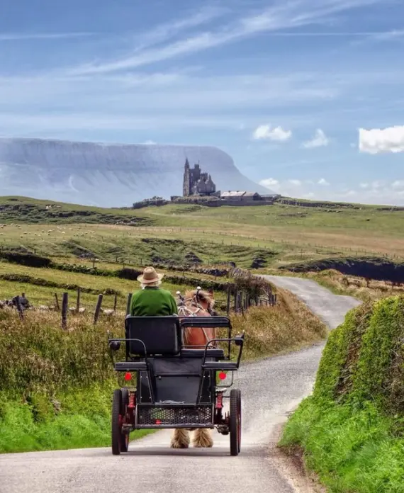 A horse-drawn carriage travels down a rural road surrounded by green fields, with a distant castle and mountains visible under a blue sky with scattered clouds.