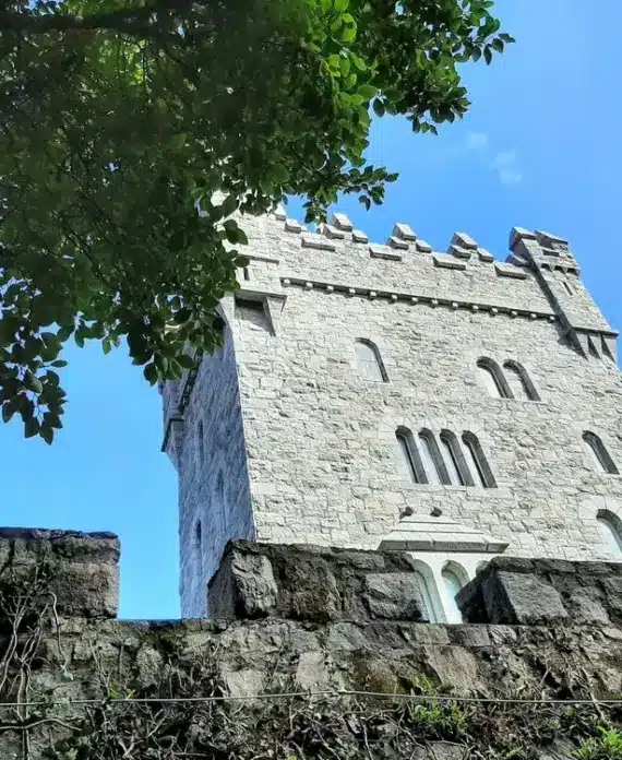 A stone castle with crenellated battlements stands behind a stone wall, seen from below. Green tree branches frame the top left corner against a bright blue sky.