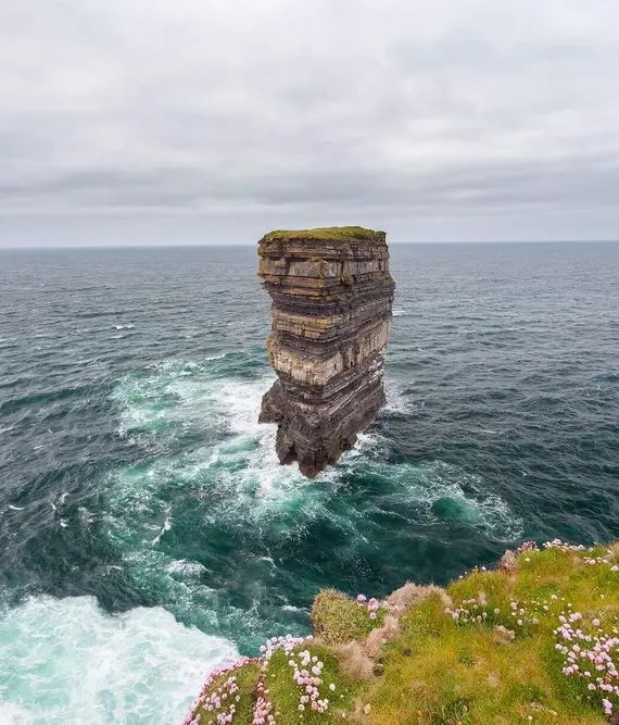 A tall, isolated sea stack rises from the ocean near a grassy, flower-covered cliff edge under a cloudy sky. Waves crash around the base of the rock formation.