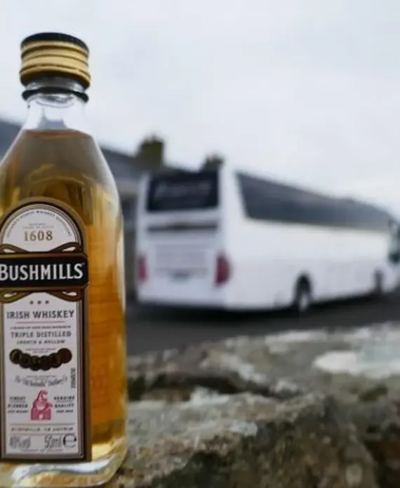 A small bottle of Bushmills Irish Whisky stands on a stone wall in focus, with a white coach and houses blurred in the background.