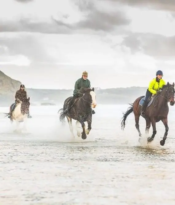 Three people ride horses along a sandy beach, splashing through shallow water. The sky is cloudy, and cliffs are visible in the background. The riders wear jackets and hats, suggesting cool weather.