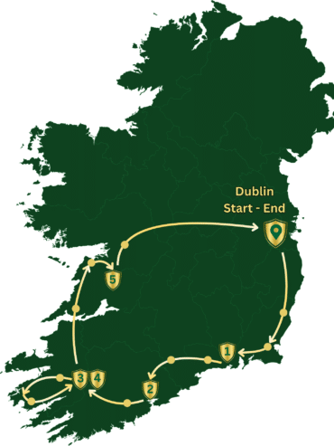 A map of Ireland showing a Southern Ireland highlights tour: a circular travel route starting and ending in Dublin, with numbered stops marked along the south and west coasts. Arrows and yellow dots connect key points on the journey.