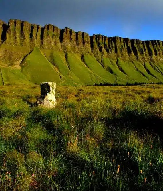 A dramatic green landscape with tall grass and a single stone in the foreground, set against steep, rugged cliffs under a blue sky with dark clouds.